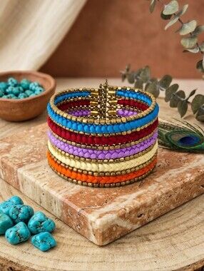Colorful Braided Cuff Bracelet Wide Coil Metallic Bead Boho Handmade India 2.5"
